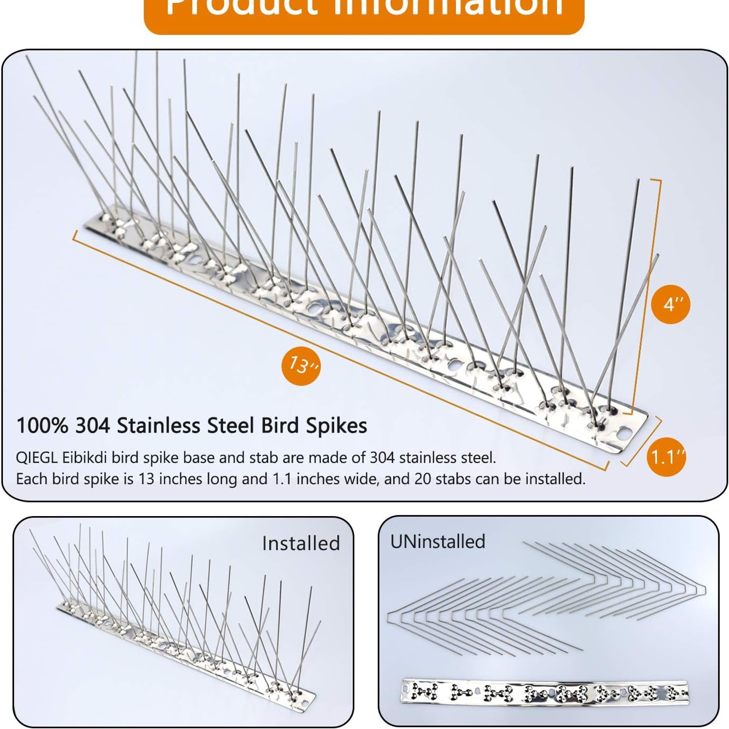QIEGL Stainless Steel Pigeon Spikes, 23 Strips, 25 ft Coverage: image 2