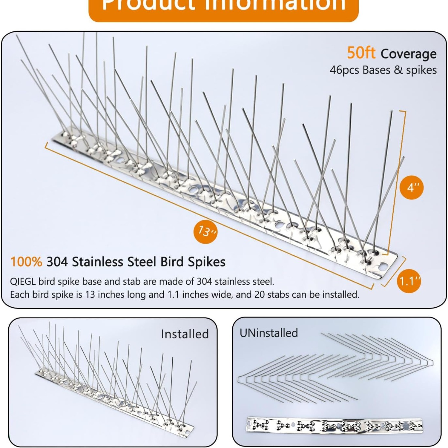 Stainless Steel Pigeon Spikes, 50 ft Coverage Kit (46 Strips): image 2